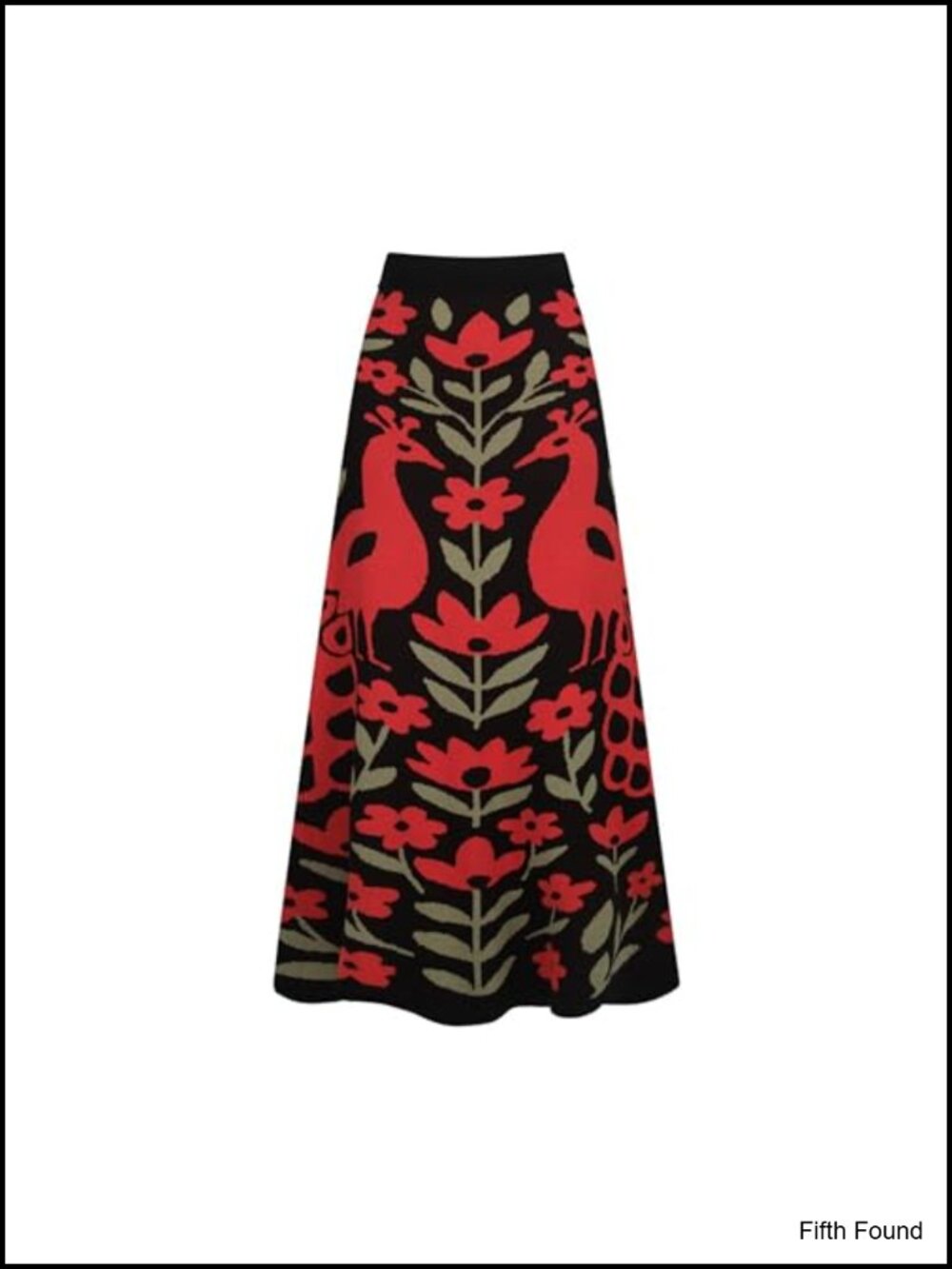 Cotton Knitted Midi Skirt High Waist A Line Retro Peacock Floral